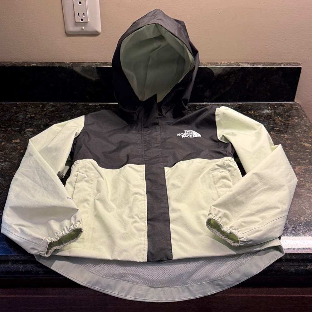Girls M North Face Antora Black & Light Green Hooded Rain Jacket